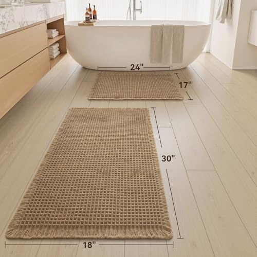 Upgraded Waffle Bath Mat Set of 2 Absorbent Bathroom Mat 17"x24" + 18"x30" - color: Brown, size: 17" x 24" + 18" x 30"