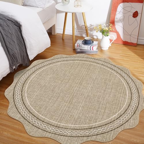 GarveeHome Scalloped Round Area Rugs, Washable Small Round Rug 3ft Non-Slip - color: Jute Color, size: 3' (Round)