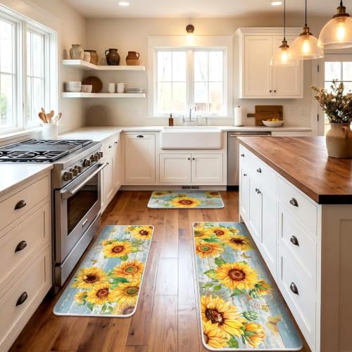 Fourluoo 3 Pcs Sunflower Kitchen Rugs and Mats Set - color: Light Blue