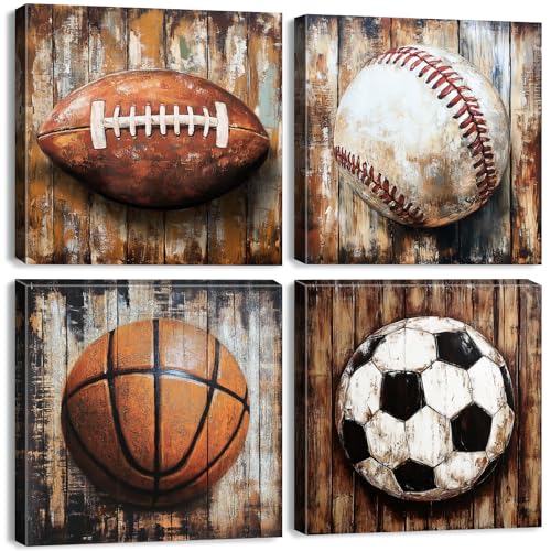 Sports Wall Decor for Boys Bedroom Vintage Sports Wall Art for Teen Room Cool Baseball Soccer Football Basketball Canvas Pictures Ball Theme Painting Toddler Nursery Playroom Home Decorations 12x12" 4Pcs - color: Sports, size: 12 x 12 in
