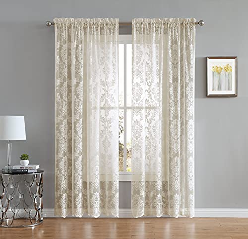 LinenZone Knitted Lace Curtain Medallion Design with Scalloped Bottom - Rod Pocket - Total Size 108 Inch Wide (54" Each Panel) - 84 Inch Long (2 Panels - 54"W x 84"L - Each Panel, Linen) - color: Linen, size: 54"W x 84"L (Pack of 2)