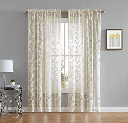 LinenZone Knitted Lace Curtain Medallion Design with Scalloped Bottom - Rod Pocket - Total Size 108 Inch Wide (54" Each Panel) - 84 Inch Long (2 Panels - 54"W x 84"L - Each Panel, Linen) - color: Linen, size: 54"W x 84"L (Pack of 2)