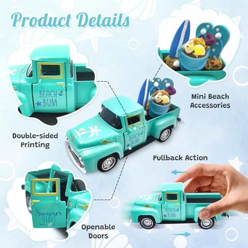Beach Decor Metal Truck with Mini Fake Beach Buckets Surfboards Flip Flops - color: Beach - Aqua Blue
