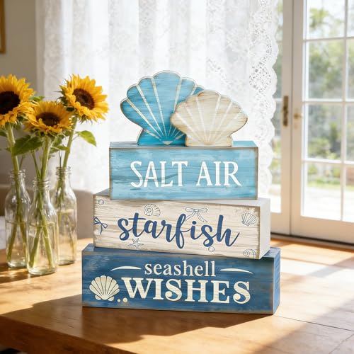 4 Pcs Coastal Summer Beach Tiered Tray Decor Rustic Wooden Nautical Centerpiece Set with Shell Starfish Farmhouse Style Beach Room Decor Summer Tiered Tray Decor - style: Coastal