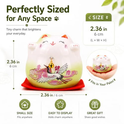 kcrygogo Green Maneki Neko Lucky Cat Figurine, Ceramic Japanese Fortune Cat Statue with Happiness Health Artwork and Red Cushion, Cute Good Luck Desk Shelf Table Decor Gift for Home Office Shop