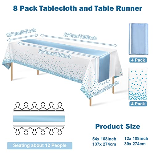 8Pack Disposable Plastic Tablecloths and Satin Table Runner Set White and Light Blue Dot Tablecloth Light Blue Satin Table Runner for Wedding Birthday Baby Shower Engagement Christmas Party Supplies - color: White and Light Blue, size: 8 Pack