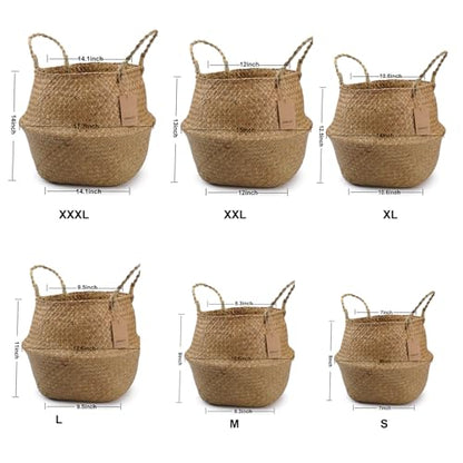 DOKOT Seagrass Plant Basket with Handles, Wicker Woven Storage Basket, 9.5inch Diameter x 11inch Height - size: L(9.5" D x 11" H)