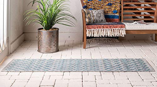 Unique Loom Outdoor Trellis Collection Area Rug - Tribal Trellis (2' x 6' 1" Runner, Light Blue/ Ivory) - color: Light Blue / Ivory, size: 2' x 6'1" (Runner)