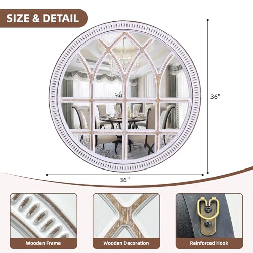 Rustic Farmhouse Round Window Mirror, 36 Inch Wood Frame Wall Mirrors - color: D - 36 in