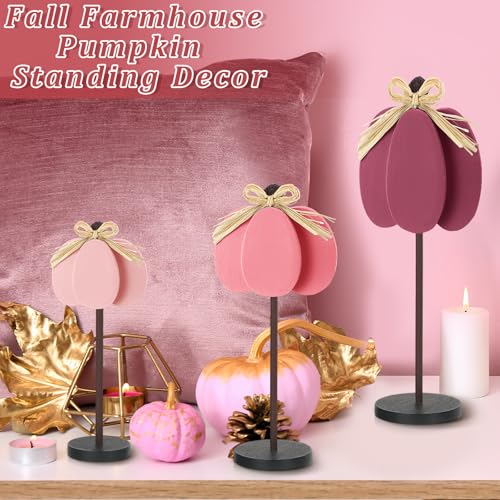 Thyle 3 Pcs Fall Pumpkin Decor, Wooden, Pink - color: Pink
