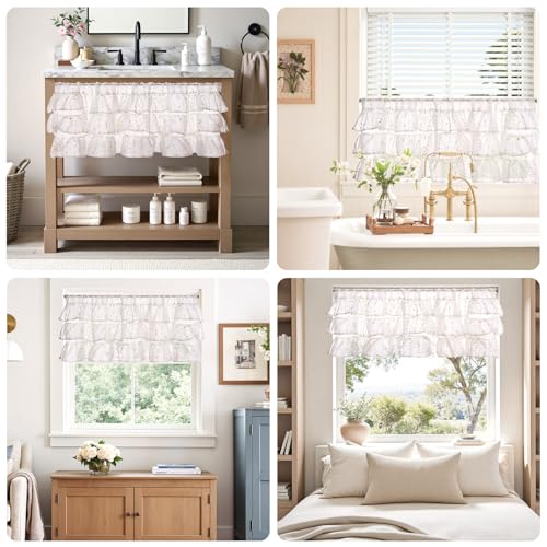 jinchan Mini Pom-Pom Ruffled Valance for Windows 18 Inch 1 Panel Green - color: Dottie Sunlit Grove