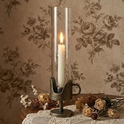 Handcrafted Cast Iron Base Hurricane Candle Holder with Glass Shade