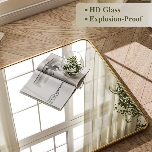 BEAUTYPEAK 76" x 34" Rounded Corner Full Length Mirror with Stand, Gold - color: Gold, size: 76"L x 34"W
