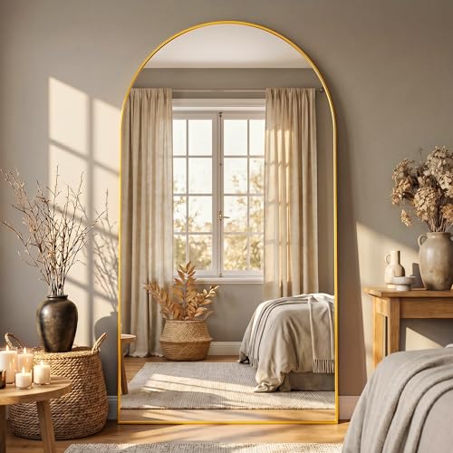 Full Length Mirror, 41"x81" Arched Floor Mirror Freestanding, Floor Standing Full Body Mirror with Stand for Bedroom, Hanging Mounted for Living Room Cloakroom, Gold - color: Gold, size: 81"L x 41"W