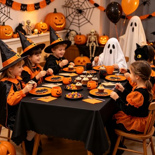 NatNarr 3 Pack Black Tablecloth Plastic, Scalloped Halloween Table Cloths - color: Black, size: 3 Pack