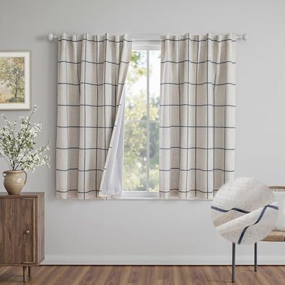 MYSKY HOME 100% Blackout Plaid Farmhouse Linen Curtains 54 Inch Long 2 Panels Set Double Layer Windowpane Drapes Thermal Insulated Privacy Protection Rod Pocket Back Tab, 52" W, Navy Blue - color: Navy Blue, size: 52"W x 54"L (Pack of 2)
