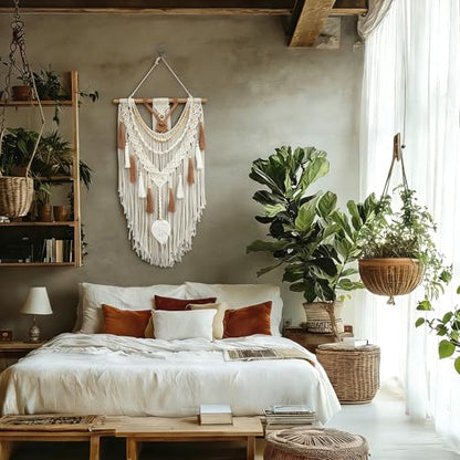 MEIZHIANDME Macrame Wall Hanging, Boho Woven Tapestry Wall Decor, Chic Bohemian Handmade Leaf Feather Wall Art Decorations for Bedroom Living Room Apartment Wedding Party (Leaf & Wood Bead)