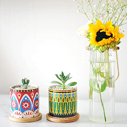 Mandala Succulent Pot with Drainage Hole & Bamboo Coaster, Small Plant Pots, Bohemian Ceramic Succulent Planter Pot for Small Plant-6 Pack - color: A Style