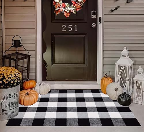 Buffalo Plaid Layered Doormat 27.5"x43.3",Washable Door Mats Outdoor - color: Black White, size: 2'4" x 3'7" (Rectangular)