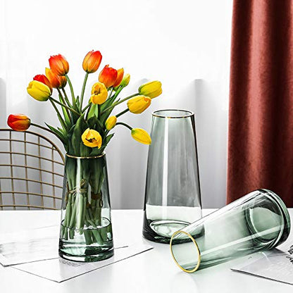 Green Glass Flower Vase with Gold Mouth for Centerpieces Home Wedding Decoration (1, Small) - size: Small