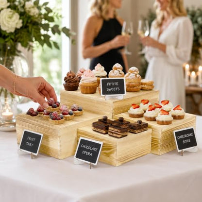 4 Pack Wooden Buffet Risers Cupcake Stand Buffet Display with Mini Signs - color: Beige, size: 4 Pcs