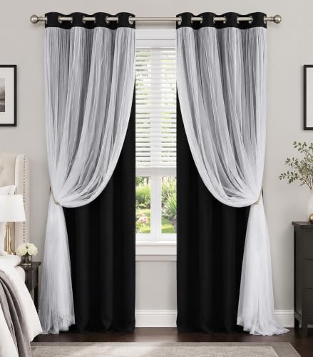 Black Blackout Curtains with White Sheer Overlay for Bedroom/Living Room - color: Black, size: 52"W x 72"L (Pack of 2)