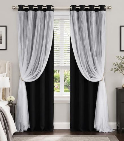 Black Blackout Curtains with White Sheer Overlay for Bedroom/Living Room - color: Black, size: 52"W x 72"L (Pack of 2)
