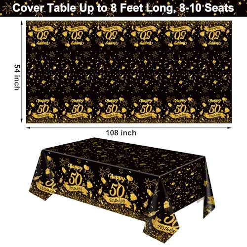 3 Pack 50th Birthday Plastic Tablecloth, Black Gold Disposable Table Cover - color: 50th Birthday