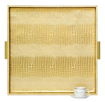 HofferRuffer Extra Large Square Serving Tray, Elegant Faux Leather Ottoman Tray with Gold Hardware Handles, Serve Tea, Coffee or Breakfast in Bed, 24 x 24 inches (Gold, 24" x 24" x 2") - color: Gold, size: 24" x 24" x 2"