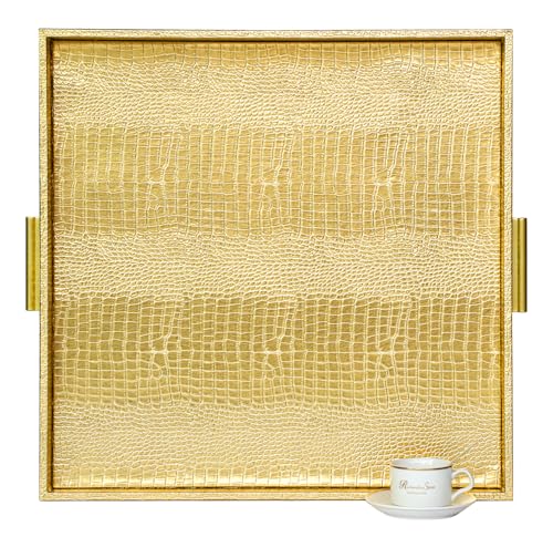 HofferRuffer Extra Large Square Serving Tray, Elegant Faux Leather Ottoman Tray with Gold Hardware Handles, Serve Tea, Coffee or Breakfast in Bed, 24 x 24 inches (Gold, 24" x 24" x 2") - color: Gold, size: 24" x 24" x 2"
