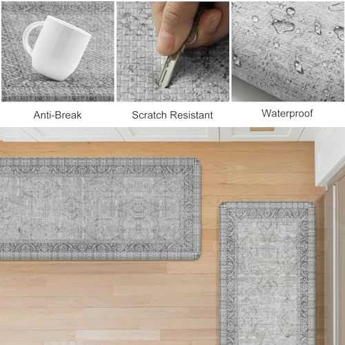 KIMODE Anti Fatigue Kitchen Mat 2PCS,Waterproof Farmhouse Kitchen Rugs Grey - color: Grey, size: 47"L x 17.3"W x 0.47"Th + 29"L x 17.3"W x 0.47"Th