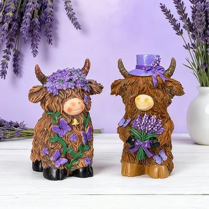 2 Pcs Resin Highland Cow Figurine Decor, Purple Lavender Theme - style: Lavender