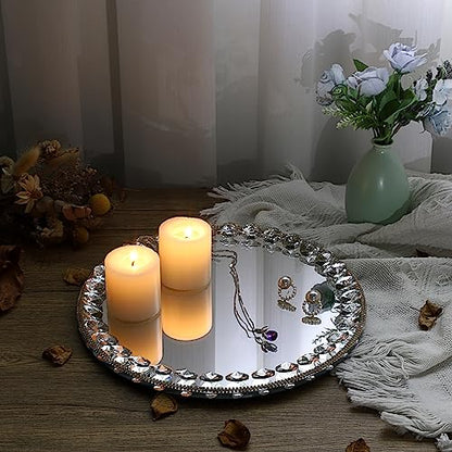 Hipiwe Mirror Glass Vanity Tray Sparkling Crystal Perfume Tray Round Decorative Tray Gorgeous Makeup Organizer Tray Jewelry Trinket Tray for Bathroom Dresser Table, 10.6 inch