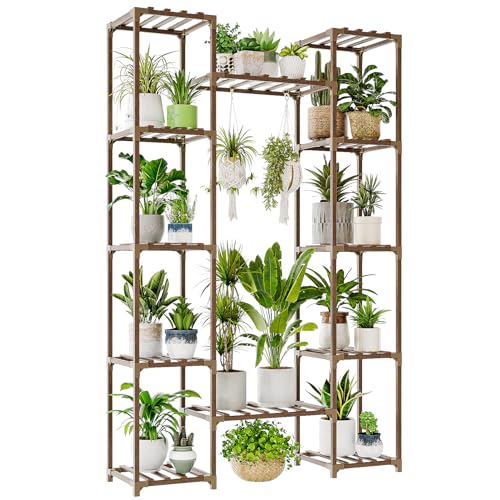 Bamworld Plant Stand Indoor Outdoor 12 Tier Tall Large Wood Plant Shelf - color: Brown, size: 12 Tiers - Widened