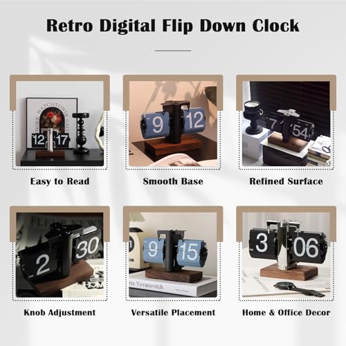 VBESTLIFE Retro Digital Flip Down Clock, Battery Powered Internal Gear Operated Clock, Classic Mechanical, Black Walnut Base, for Home & Office Decor(Black) - color: Black