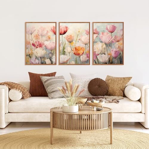 HPNIUB Large Nature Wildflowers Framed Wall Art Pink Floral Canvas Oil Painting Modern Aesthetic Wall Decor Abstract Flower Artwork for Living Room Bedroom Decor(Set of 3,12X16 Inch) - color: Nature Wildflower Wall Art