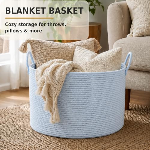 XUANGUO 66L Large Blanket Basket, Round Cotton Rope Basket, Blue - color: blue