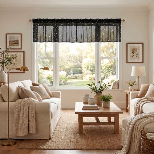 Horaldaily 2Pcs Black Sheer Valance 52x14in, Gold Sequin Star, Halloween - color: Black and Gold, size: 52"W x 14"L (Pack of 2)