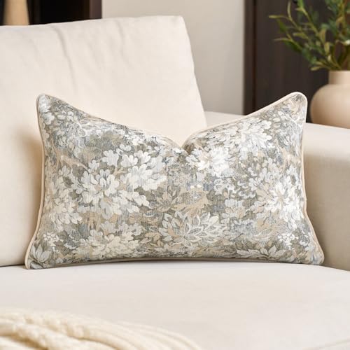 Alerfa Beige Neutral Floral Pillow Cover 12 x 20 Inch, Vintage Chenille Rectangle Couch Pillow Cover Soft Decorative Farmhouse Accent Pillowcase for Living Room Bedroom - color: Beige, size: 20" x 12" (Pack of 1)