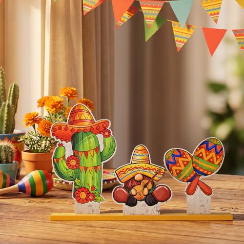 Smile Cinco De Mayo Standing Wooden Decor Set, 3-Piece Mexican Fiesta Wooden Cutouts (Cactus, Gnome, Maraca) for Tabletop & Party Display - style: Mexico