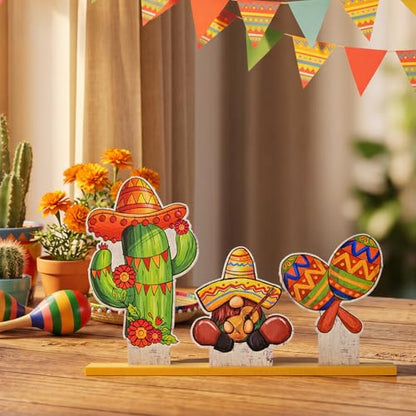 Smile Cinco De Mayo Standing Wooden Decor Set, 3-Piece Mexican Fiesta Wooden Cutouts (Cactus, Gnome, Maraca) for Tabletop & Party Display - style: Mexico