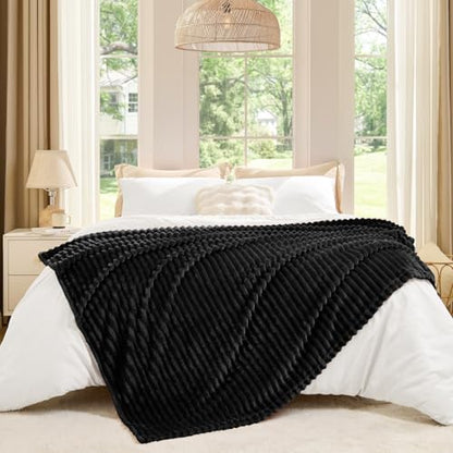 BEDELITE Ribbed Jacquard Black Fleece Throw Blanket for Couch, 50x60 Inch - color: Black, size: Throw(50"x60")