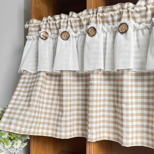 Beige Gingham Checkered Kitchen Short Curtain with Ruffle & Wooden Buttons - size: 39"W x 20"L (Pack of 1)