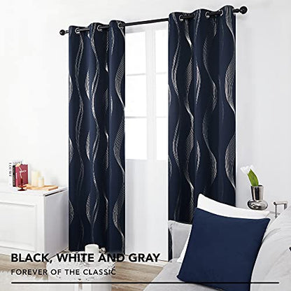 Deconovo Curtains for Living Room, Pattern Blackout Curtains 54 Inches Long - color: Silver Wave-navy Blue, size: 42"W x 54"L (Pack of 2)