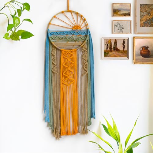 LB Macrame Wall Hanging Boho Macrame Wall Decor, Sunset Wall Art Dream Catcher Hand Woven Wall Art Boho Colorful Sun Tapestry for Bedroom Living Room Nursery Office Backdrop, 10x33 Inch - color: Orange