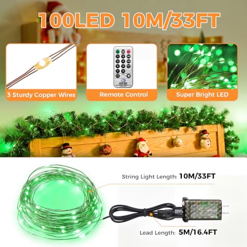 btfarm Fairy Lights Plug in with Remote, 33FT 100 LED Twinkle Lights - color: Green, size: 1 Pack-33FT