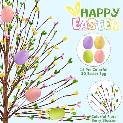 TURNMEON Easter Decorations 2 Pack Easter Tree with 14 Pastel Eggs Ornaments and Floral Berry Blossom, 15'' Tabletop Artificial Tree Easter Decor for Spring Party Table Centerpiece Room Home