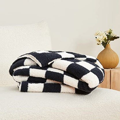CozeCube Black White Reversible Checkered Knit Throw Blanket 50"x60" - color: Jet Black and White, size: 50"x60"