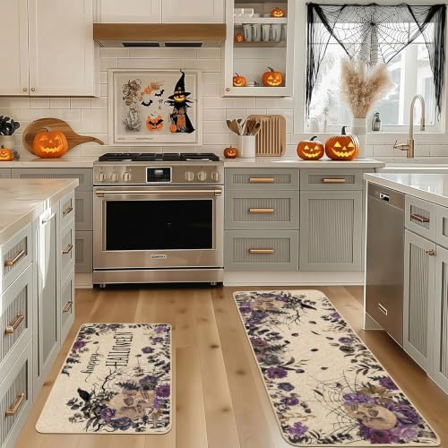 Baccessor Halloween Skull Kitchen Rugs Set of 2, 17x29 and 17x47 Inch - color: Purple Floral