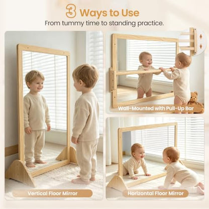 Montessori Mirror with Pull Up Bar, Large 38.2 x 23.6 in Natural Wood & Shatter-Resistant Acrylic Baby Mirror for Tummy Time, Horizontal/Vertical Floor Use, Wall Mounting and Pull-to-Stand - size: 38.2"L x 38.2"W